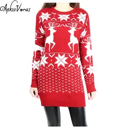 Для женщин свитер Рождество длинный вязаный шерстяной свитер Для женщин красный олень и кленовый лист узор Снежинка с длинными рукавами с
