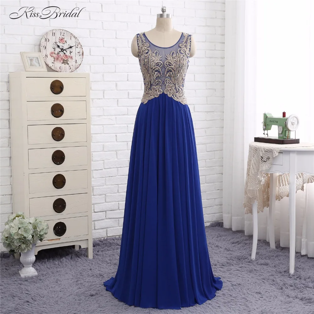 

Blue Formal Evening Dresses Long Robe de Soiree 2017 A Line Scoop Neck Gold Bead Chiffon Party Prom Gown Vestido de Festa
