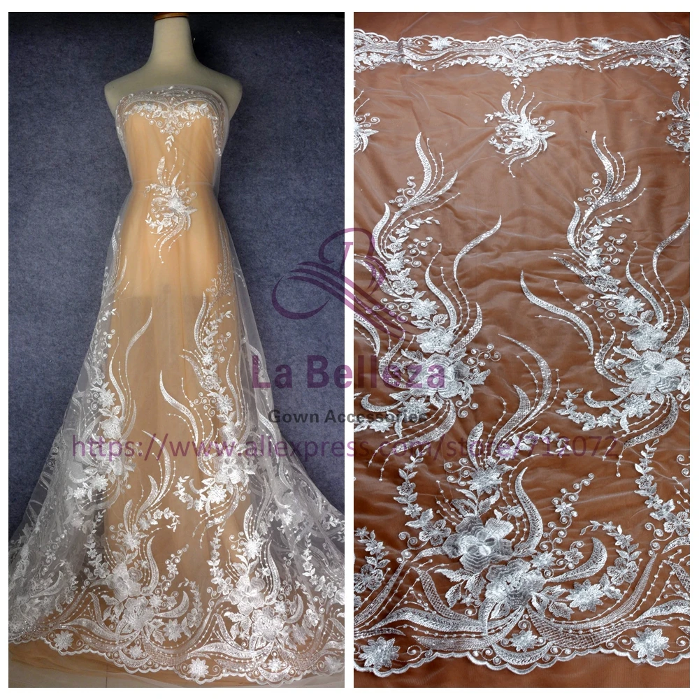 

La Belleza Off white sequins polyester on net embroidery lace fabric 49'' width 1 yard ZC1802WT