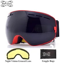 Brand ski snowboard goggles with Yellow night vision lens double layers anti fog big vision spherical