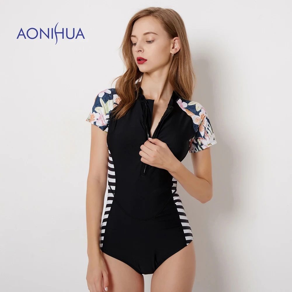 AONIHUA الأسود ملابس السباحة 2018 ضئيلة مخطط واحد قطعة بِدل السباحة النساء قصيرة الأكمام الرجعية الأزهار الشاطئ ارتداء تصفح ملابس السباحة XXL