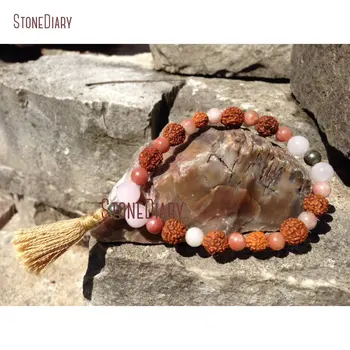 

Healing Rose Quartzs Rudraksha Beaded with Pink Lepidolite Pyrite 27 Bead Stacking Quarter Mala Tassel Bracelet BM10996