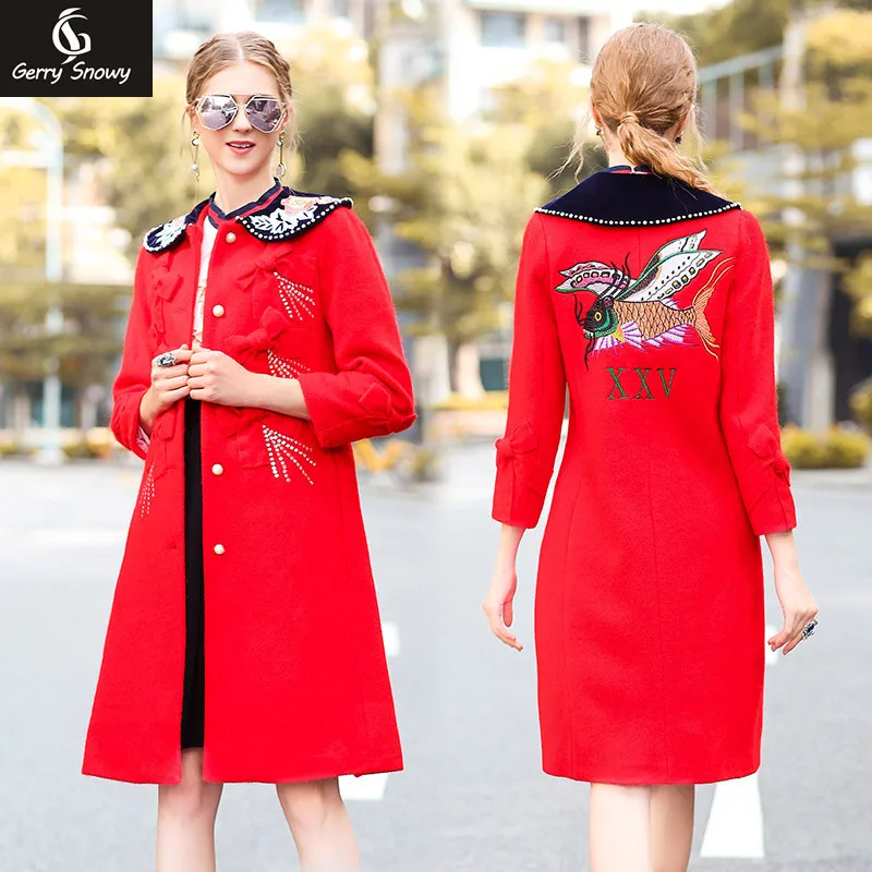 

Red coat 2018 new Women coat, retro high-end embroidery, applique Long coat, self-cultivation nails, beads,manteau femme
