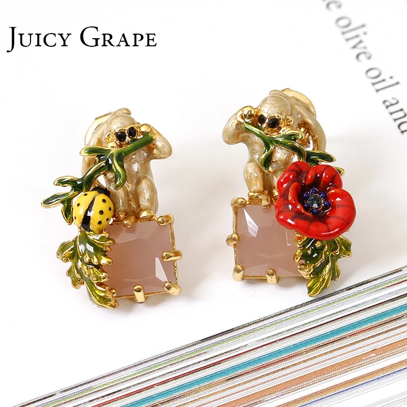 

Juicy Grape Korean Earrings stud hand painted enamel glaze earring flower lady bug asymmetrical women earring girl gift earrings