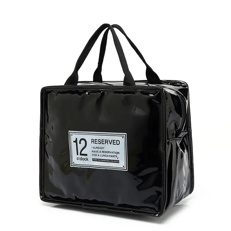 Moda de Couro do Plutônio Bolsas Almoço Feminino Portátil Funcional Lona Listra Isolado Térmico Comida Piquenique Refrigerador Lancheira Bolsa Tote