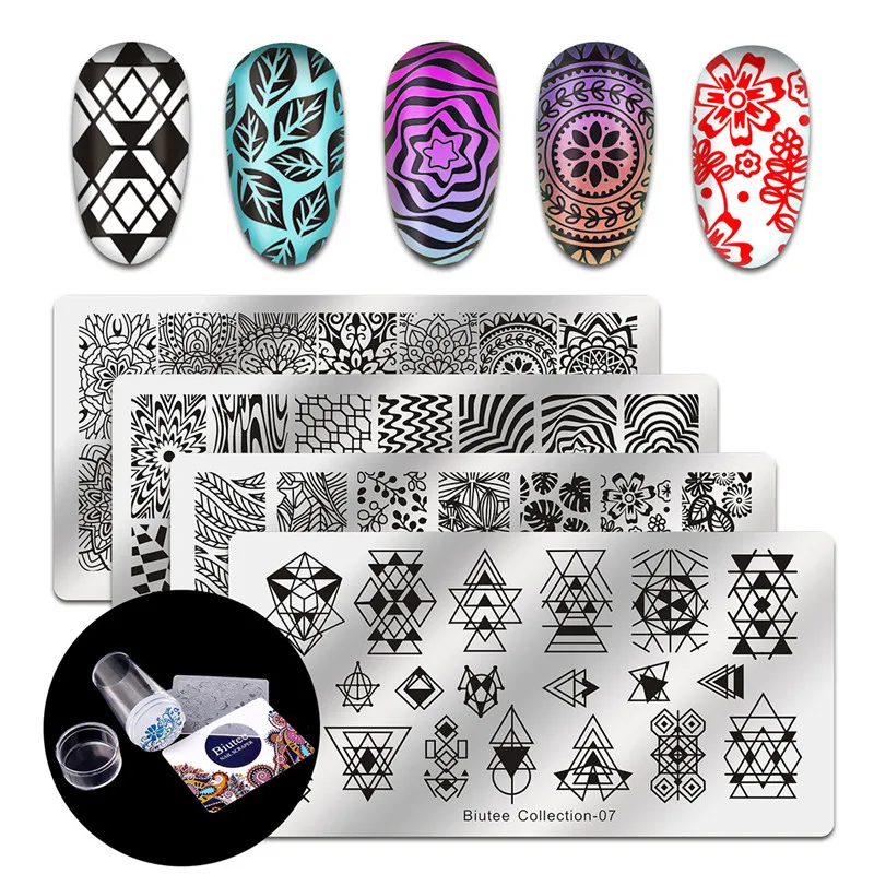

Biutee 4Pcs Nail Art Plate Stamping Templates + 1 Polish Stamper Scraper Kit by Salon Designs Nail Stamp Plate Nail Art Tools