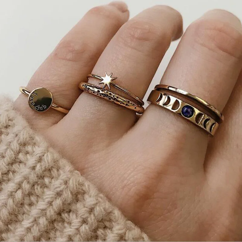 

RscvonM Gold color Retro simple Knuckle Rings For Women Vintage Geometric Letter Sun Crystal Ring Set Party Bohemian Jewelry