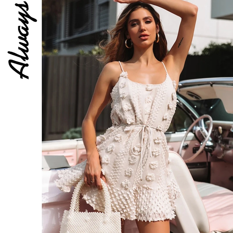 

Alwayss Vintage floral embroidery short dress Women sexy spaghetti strap summer sundress lace up short beach ruffle dress 2019