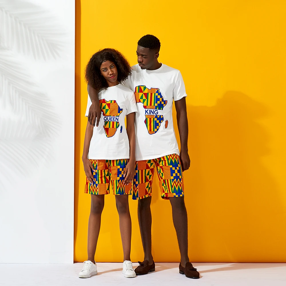 

African Couple clothes Shirt and shorts 2piece traditional kente cotton Wax Print Man Clothing Short Sleeve Shirt