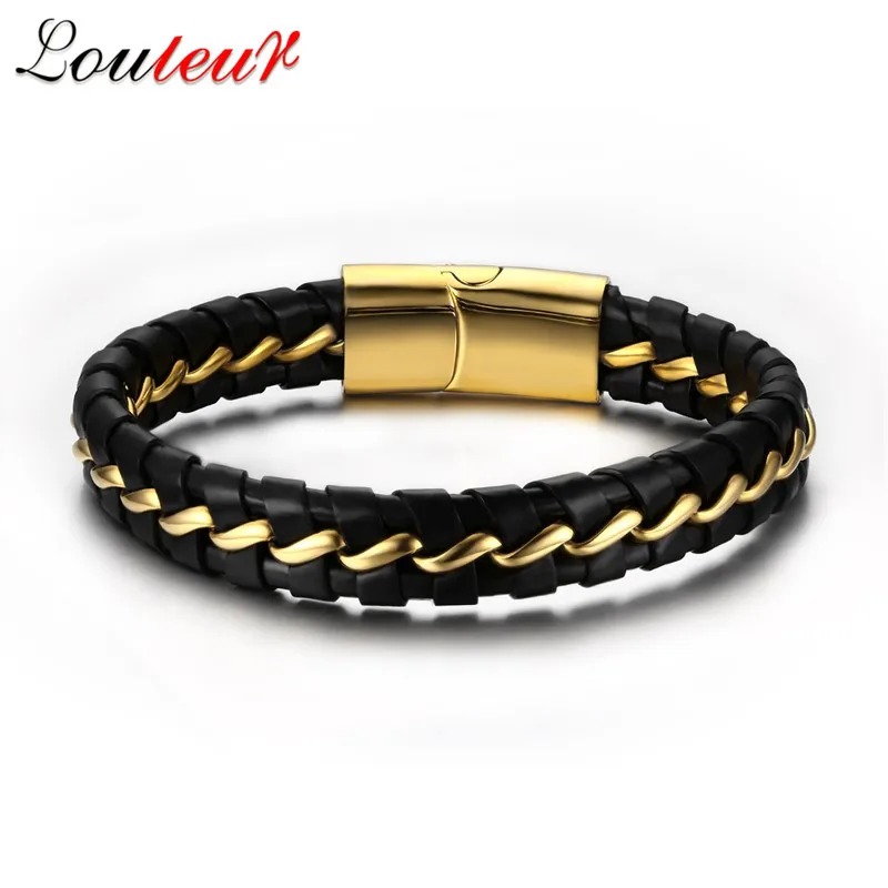 Louleur New Gold Color 316L Stainless Steel Bracelets for Men Handmade Braided Leather Bangles Male Jewelry | Украшения и