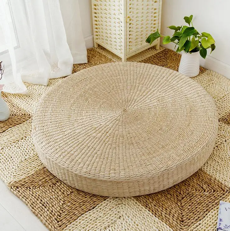 Hot 40cm*40cm Natural Straw Round Pouf Tatami Cushion Weave Handmade Pillow Floor Japanese Style Cushion with Silk Wadding