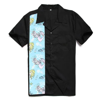 

Rockabilly Men Shirts Hawaiian Short Sleeve Cartoon Mermaid Pattern Patchwork 50s 60s Rock Vintage Black Shirts Men Big Sizes