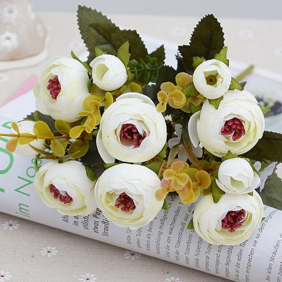 Белые шелковые Чайные розы, искусственные цветы невесты Маленькие искусственные цветы украшения дома высококачественные накладные цветы розы Букет
