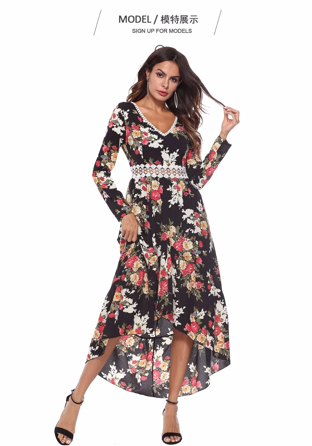 Floral Print Long Women Dress V-Neck Long Full Sleeve Spring Dress Sexy Hollow Out Waist Personality Western Style Gilr Clothes-ZT-02