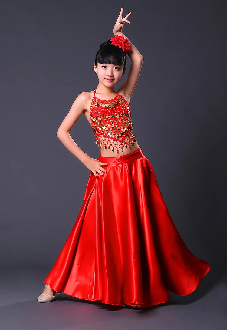 Высококачественная сатиновая Мягкая красная черная юбка для девочек-подростков, испанское фламенко, полосатая шикарная одежда для бальных танцев, сценическое платье