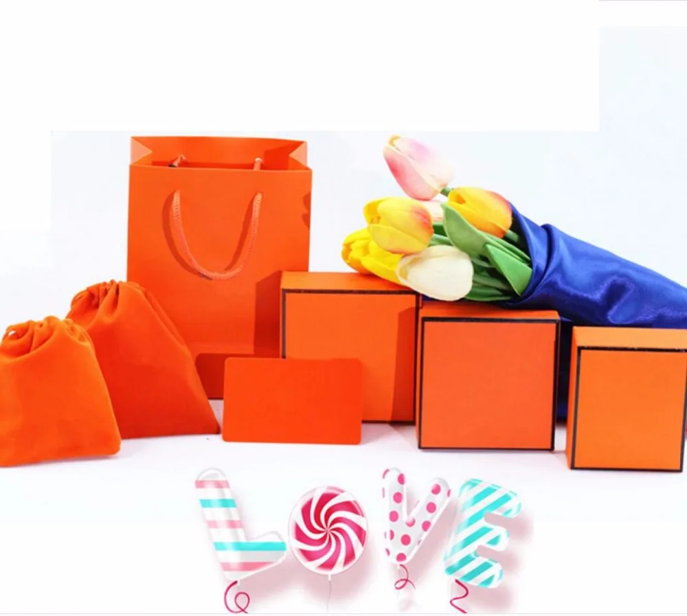 

Low Price Orange Color high quality Jewelry Gift Bracelet Necklace Packing Box Dust Bag Card Set PK8