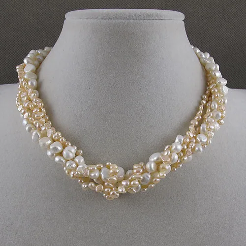 

Unique Pearls jewellery Store 5rows 4-8mm White Pink Baorque Genuine Freshwater Pearl Necklace 18inches Charming Women Gift