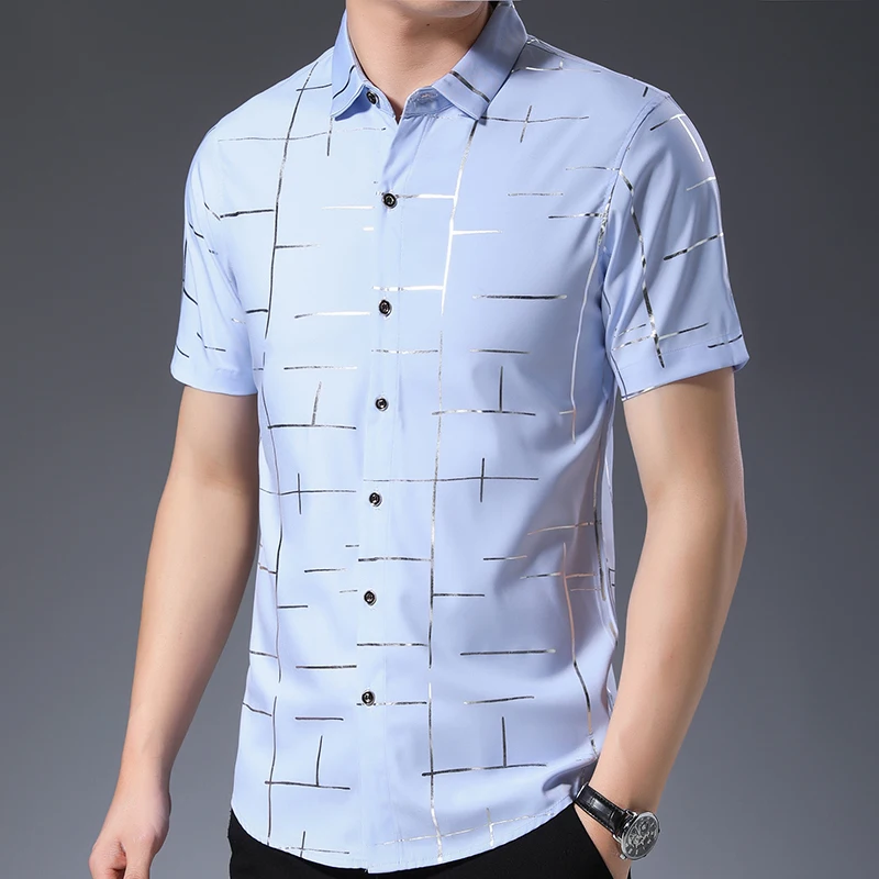 Beste 2019 merk casual zomer luxe gestreepte korte mouw slim fit heren shirt streetwear sociale jurk shirts heren fashions jersey 4162