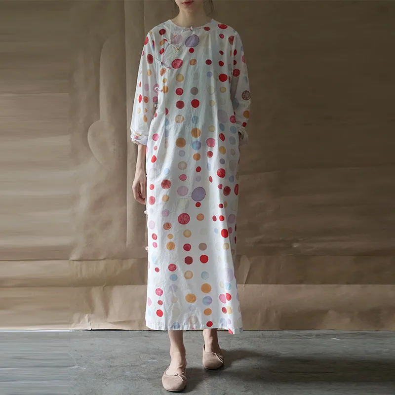 

Johnature Women New Cotton Linen O-neck Plate Buckle Cheongsam 2019 Autumn Floral Print Pockets Long Sleeve Vintage Women Dress