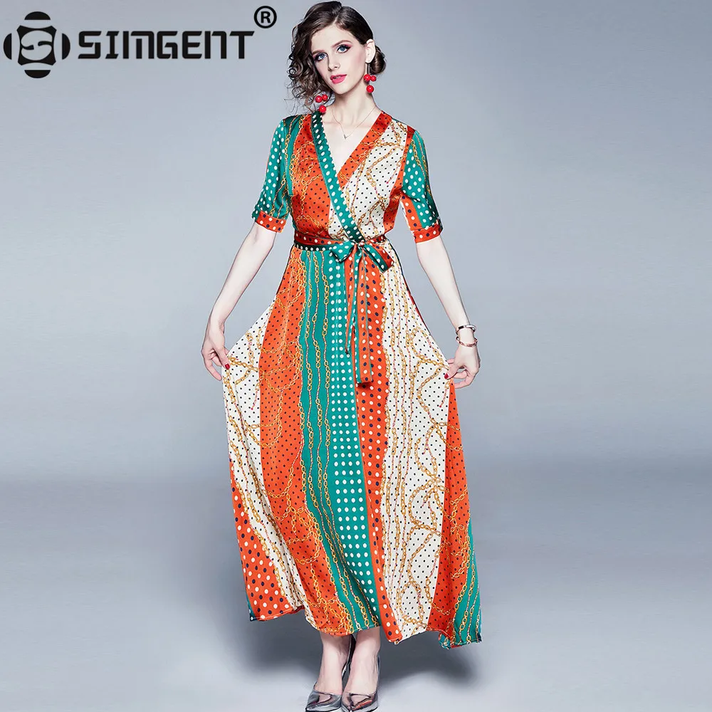 

Simgent Summer Beach Dress Summer Women Color Block Polka Dot Printing V Neck Adjustable Waist Maxi Long Dress Vestidos SG9724