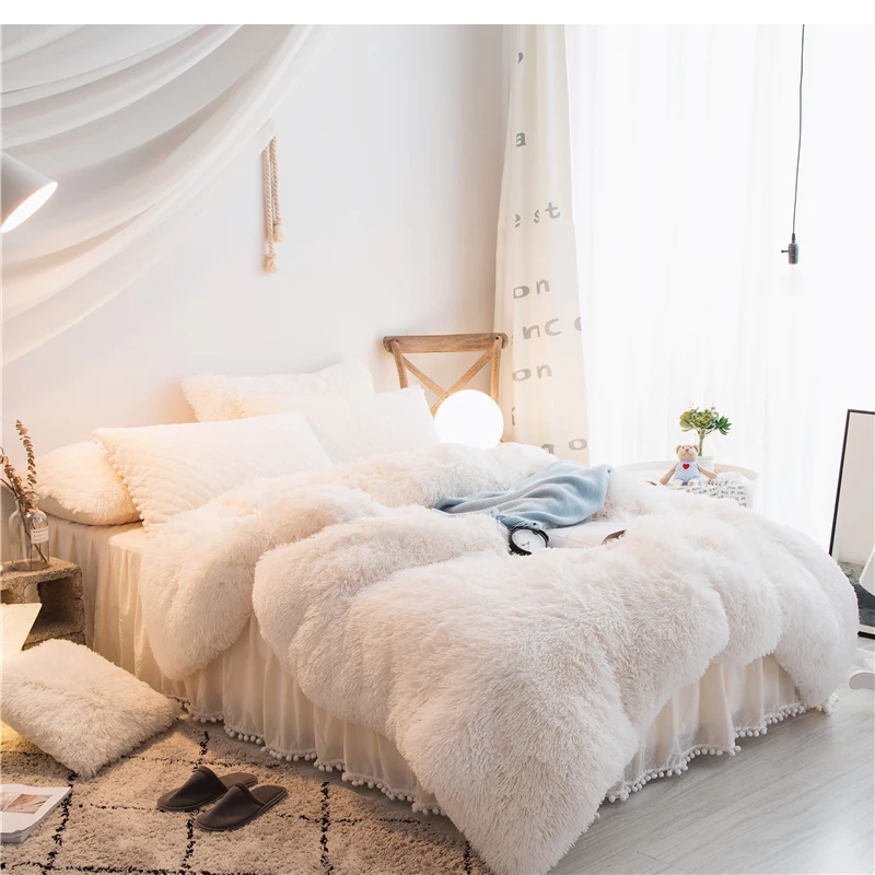 

White Purple Gray Pink Red Princess Girls Fleece Fabric Bedding set Bed set Mink Velvet Duvet cover Thick Bed Skirt Pillowcases
