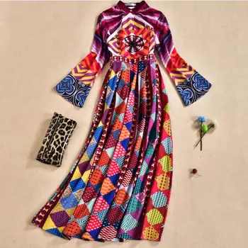 

Springautumn Newfashion Stitching Printing Loose Long-Sleeved High Waist Slim Temperament Holiday Dress