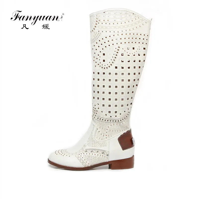 

Fanyuan 2018 Quality Women Sexy Genuine +PU Leather Knee high zip Gladiator Boots Cut-out LOW Heel Spring summer dress boots