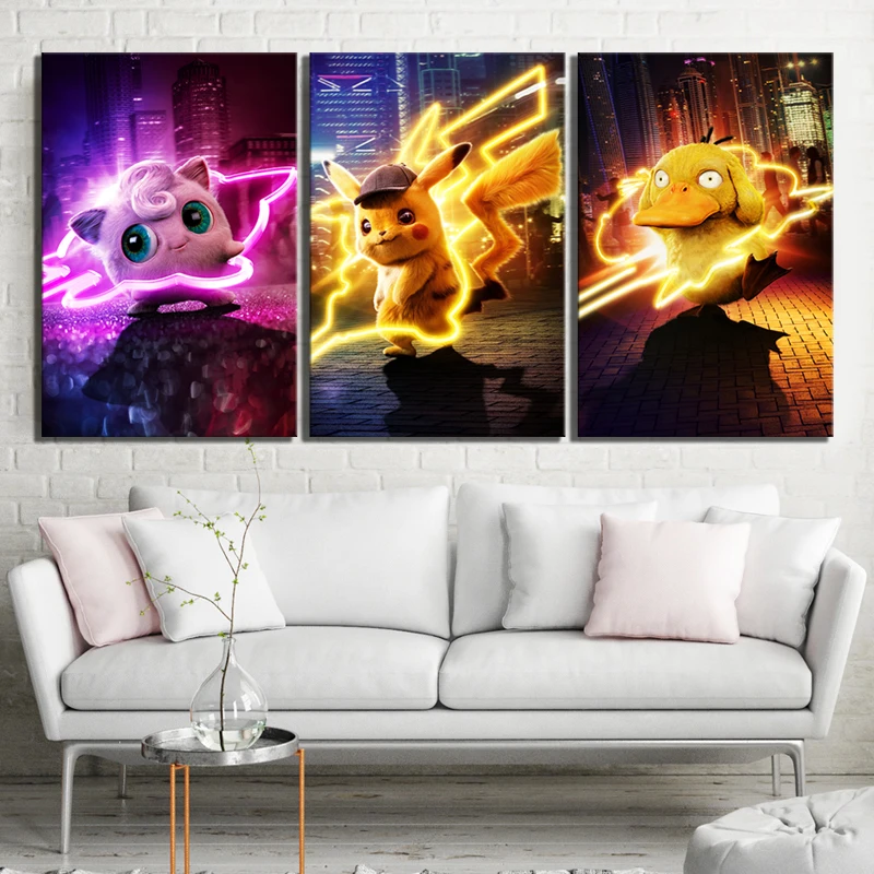 

Canvas Prints Painting 3 Panel Pokemon Detective Pikachu Movie Pocket Monster Wall Art Modular Pictures Poster Home Decoration