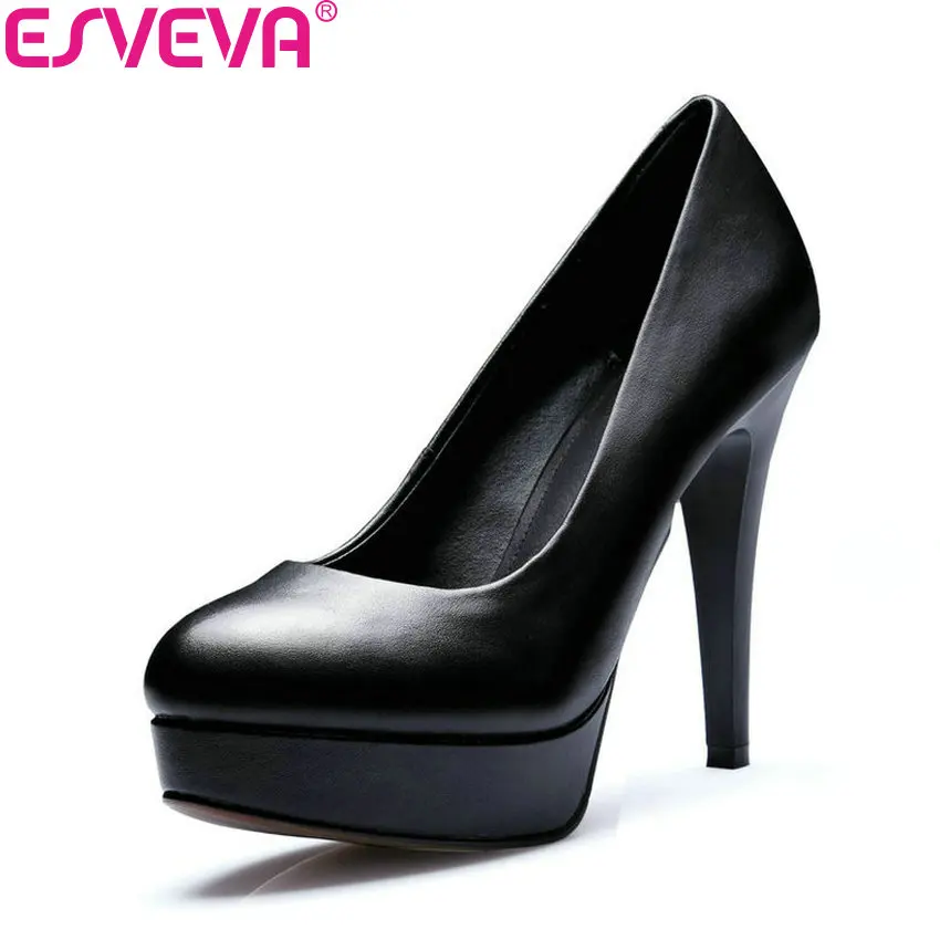 

ESVEVA 2018 Women Pumps Round Toe Thin Square High Heel Cow Leather PU Slip on Office Shoes Platform Ladies Shoes Size 34-39