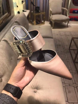 

Black nude color silk satin rhinestone square buckle leather with baotou pointed stiletto female high heel sandals and slippers