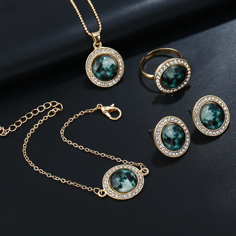 

Dubai Jewelry Sets Women Crystal Pendant Charm Bridal Wedding Party Jewelry Set Necklace Earrings Ring Bracelet Fashion Jewelry