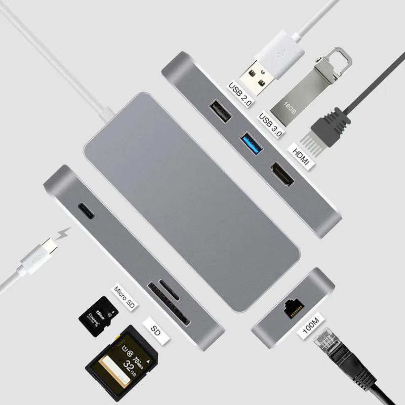 

Type C USB 3.0 HUB to HDMI 3.5mm Audio RJ45 Ethernet Adapter with Type-C SD TF Card Reader Hub IJS998