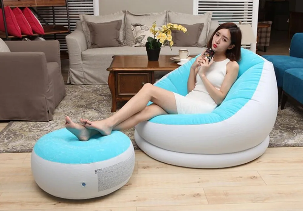 

Flocking inflatable lazy sofa bed single sofa nap lounge modern simple bedroom chair with pedal,footstool bean bag chair