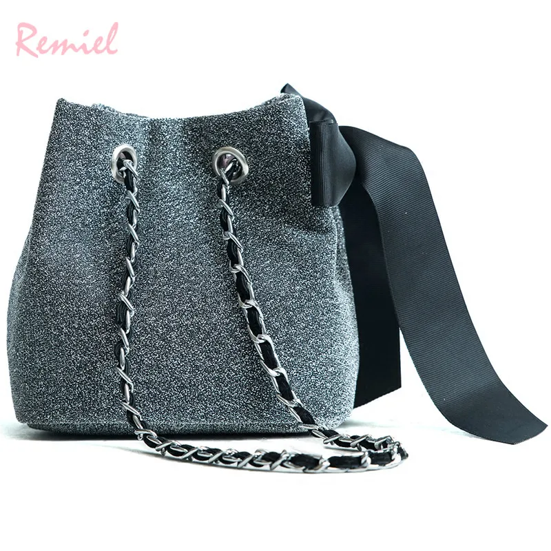 

European Fashion Female Bucket Bag 2019 New High quality Velvet Women's Designer Handbag Ribbon Bow Chain Shoulder Messenger bag