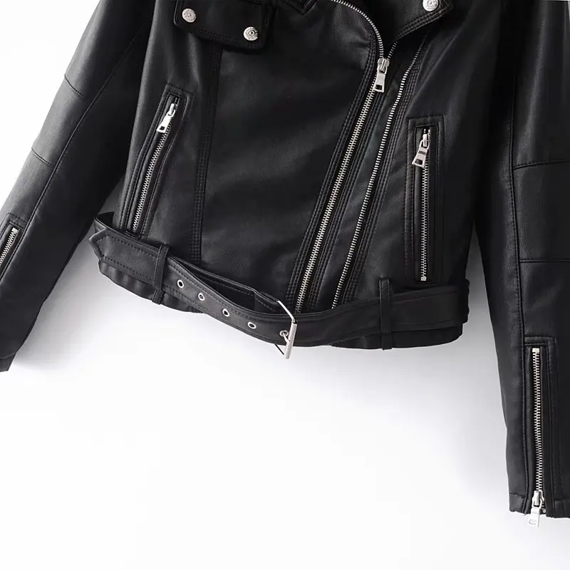 D'hiver Femmes Poches Doux Moto Manteau Ceintures Vêtements Zipper Femme Cuir Des Avec Veste Faux Noir En Mode OSwU4dq