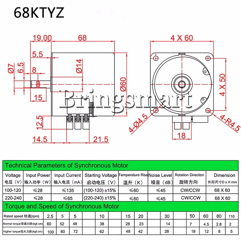 Bringsmart 220 В AC мотор-редуктор 100кг. См 2,5-110 об/мин мини постоянный магнит синхронный 28 Вт медленная скорость реверсивный редуктор переменного тока