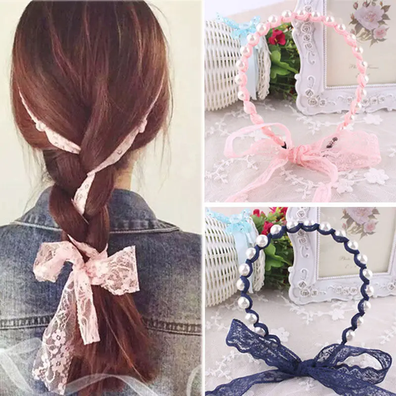 

Spring Fashion Women Lace Headbands Hair Accessories Imitated Pearl Scrunchies Elastic Hair Bands Bownot Flower headband
