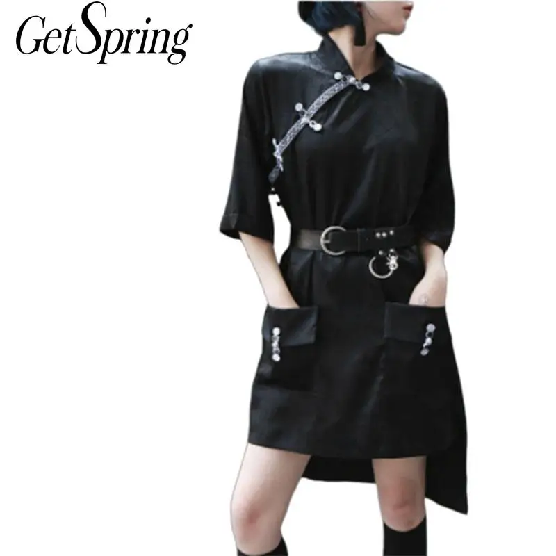 

GETSPRING Women Dress Half Sleeve Satin Modified Cheongsam Asymmetry Hem Black Vintage Dress Loose Irregular Mini Summer Dresses