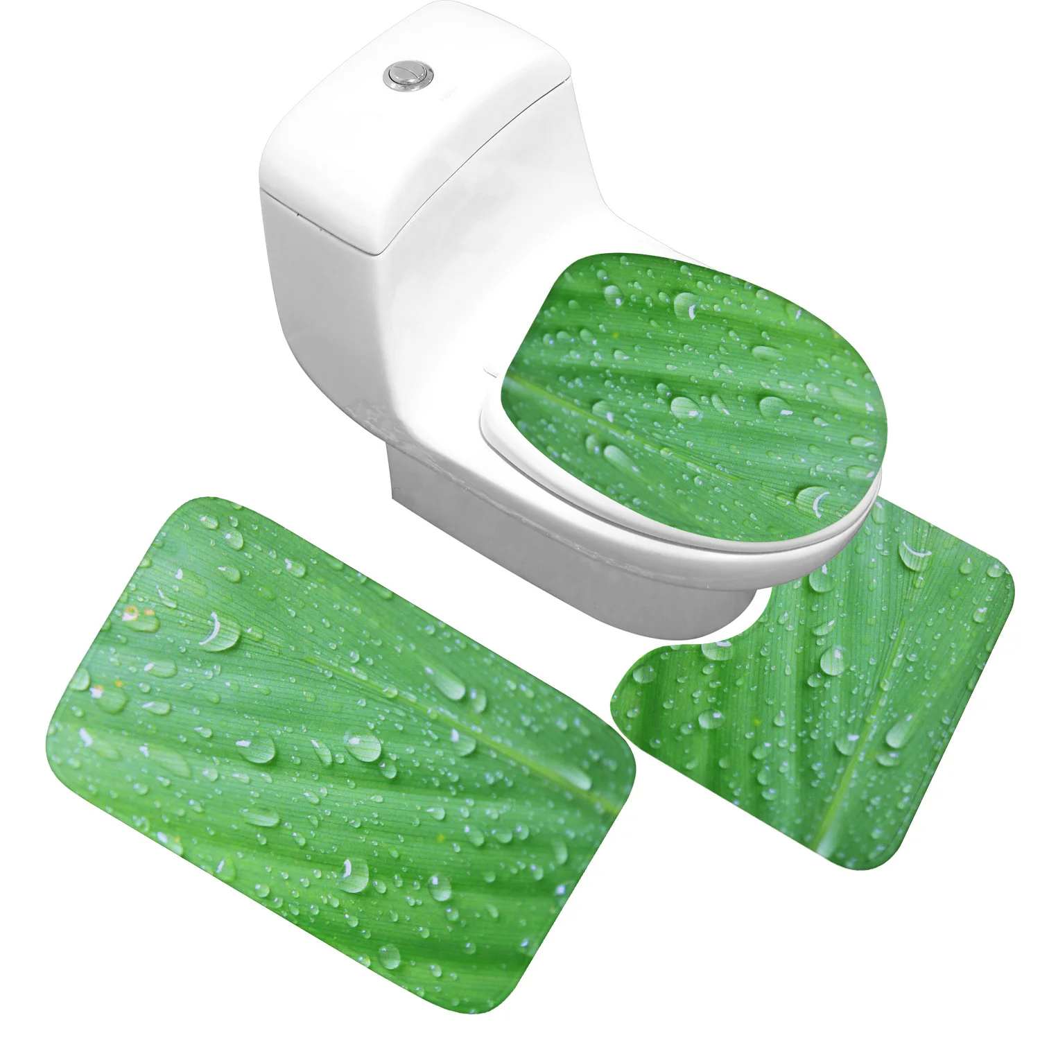 

Green Plant Bath Mat 3 Pieces / Set Absorbent Non-slip Bathroom Floor Mat Toilet Cover Soft and Comfortable Bath Carpet