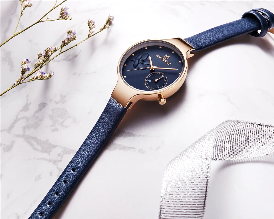 NAVIFORCE модные синие кварцевые часы для женщин кожаный ремешок Высокое качество повседневное непромокаемые наручные подарок Relogio feminino