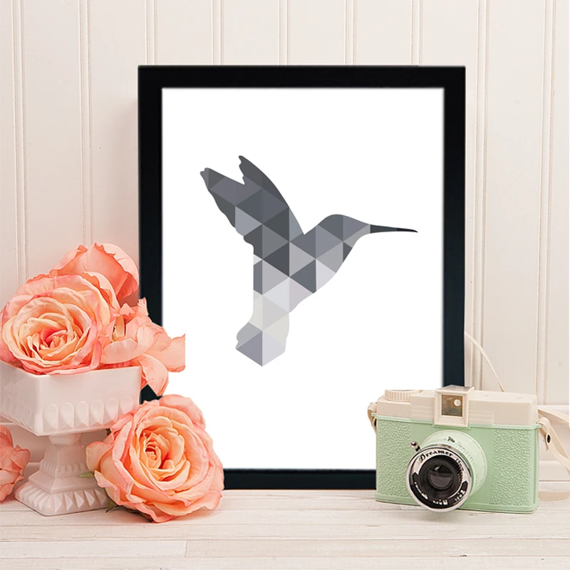 

Nordic Hummingbird Canvas Paintings Geometric Triangles Grey Posters Print Animals Modern Wall Art Pictures Home Decor Unframed