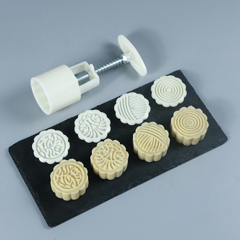 

4 Stamps Moon Cake Mould DIY Round Mooncake Mold Baking Pastry Decor Tool 50g