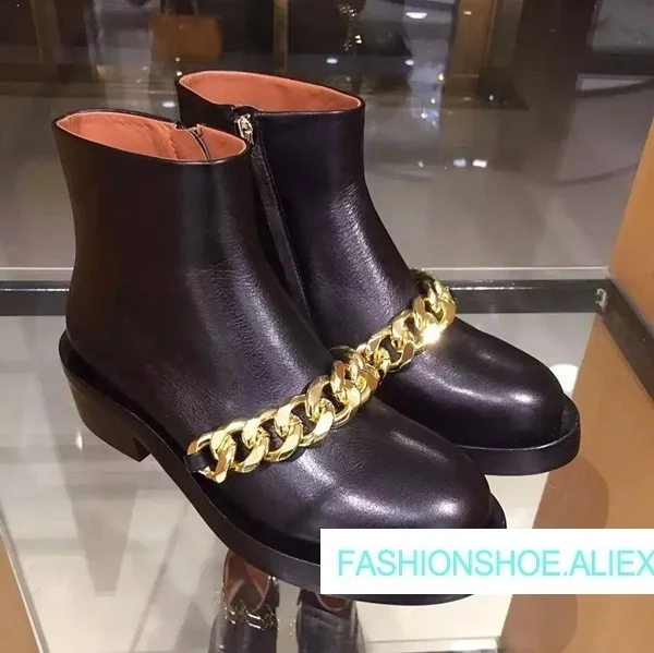 

2018 New Autumn Winter Shoes Woman Leather Ankle Boots Round Toe Med Sqaure Heels Metal Chain Design Runway Woman Boorts Tide