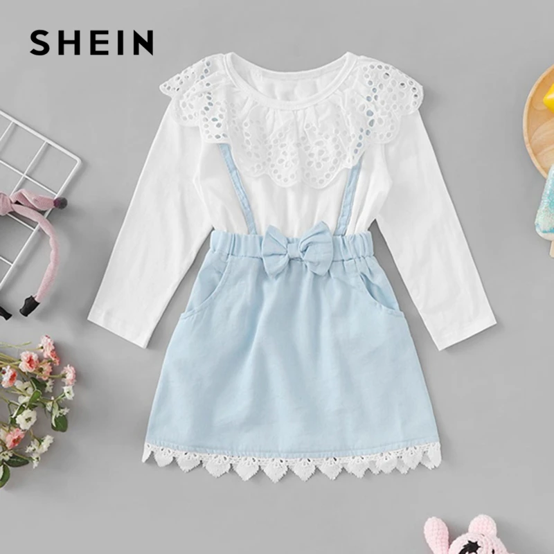 Шеин кидди бант спереди ушко вышитая кружевная отделка милое платье для девочек детские весенние повседневные трапециевидные расклешенные Детские платья с длинными рукавами