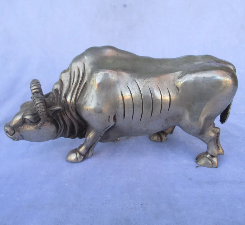 

6 inch Tibetan silver carved Cattle statue/Chinese Folk art OX Sculpture