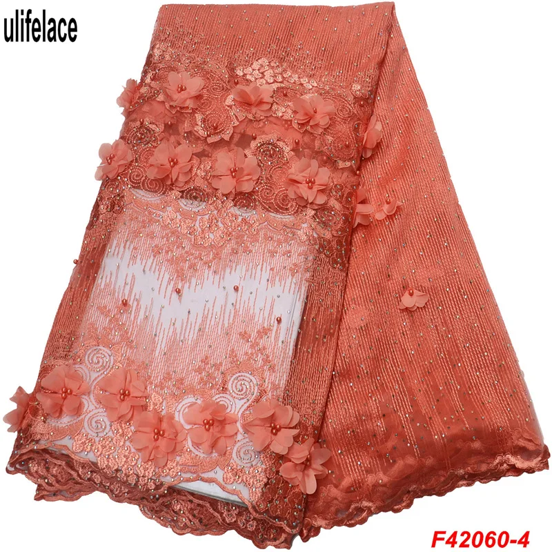 

Peach African 3d Laces Fabrics Embroidered Nigerian Tulle French Lace Fabric High quality Color beaded Net Cloth fabrics F4-2060
