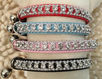 

Free shipping pet cat dog puppy collar leather sparkling rhinestones Bling crystal Cat Collar with Safety Elastic Belt & Bell