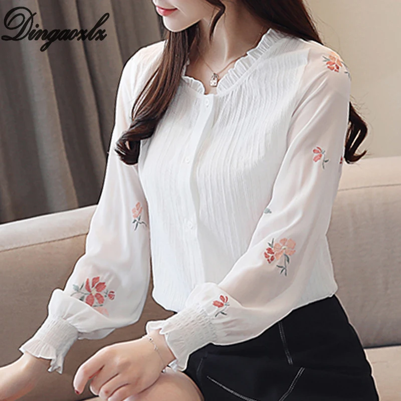 Dingaozlz Casual Chiffon blouse Long Sleeve embroidered