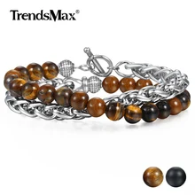 8 мм Мужской натуральный камень тигровый глаз браслет из бисера нержавеющая сталь пшеничная цепь матовый черный стеклянный бисер ювелирных изделий DBM13