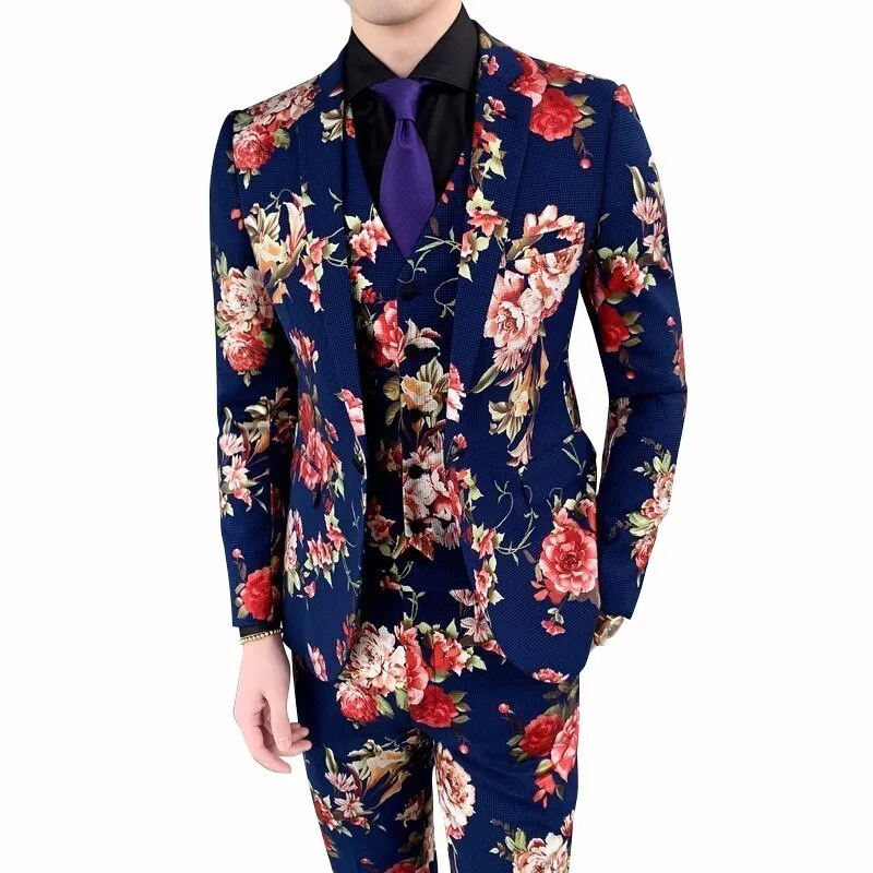 

Fashion 2019 New Autumn Flower Print Slim Fit Dress Suits For Men 3piece Suit Men Night Club Singer Stage Costume Homme Tuxedo